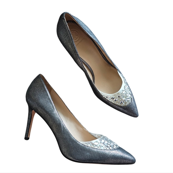 Tory Burch Shoes - Tory Burch Delphine Pewter & Jewel Embellished Crystal Pump Heels Size 10